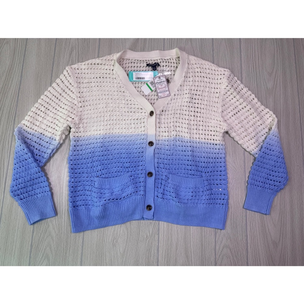 Flag & Anthem Harriet Acid Wash Cardigan Beige Blue Ombre Open Knit L Stitch Fix - Picture 2 of 4